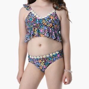 Girls' Floral Ruffle Two-Piece Swim Set - Black Multicolor